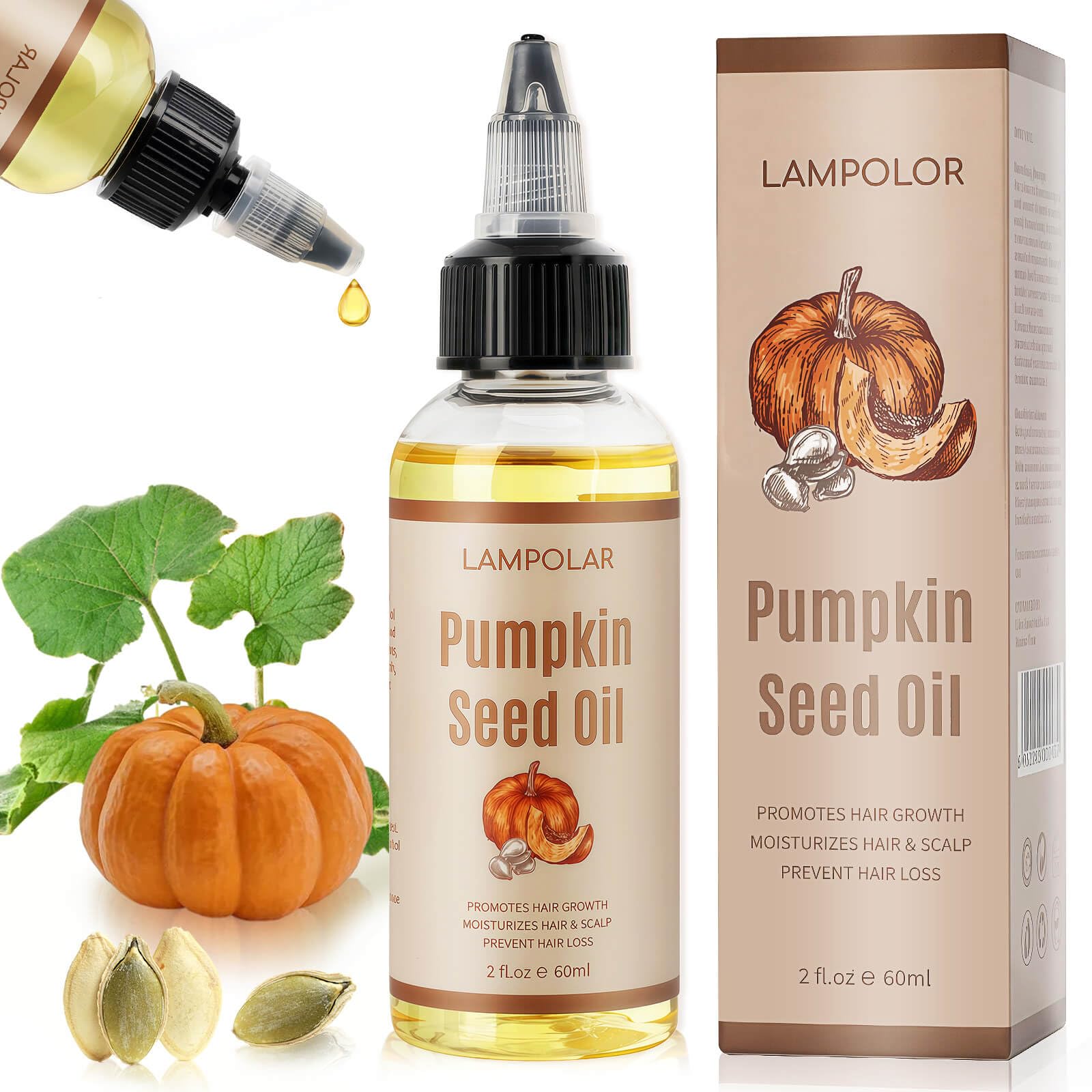 Lampolar Pumpkin Seed Oil bottle close-up for pure scalp nourishment.
