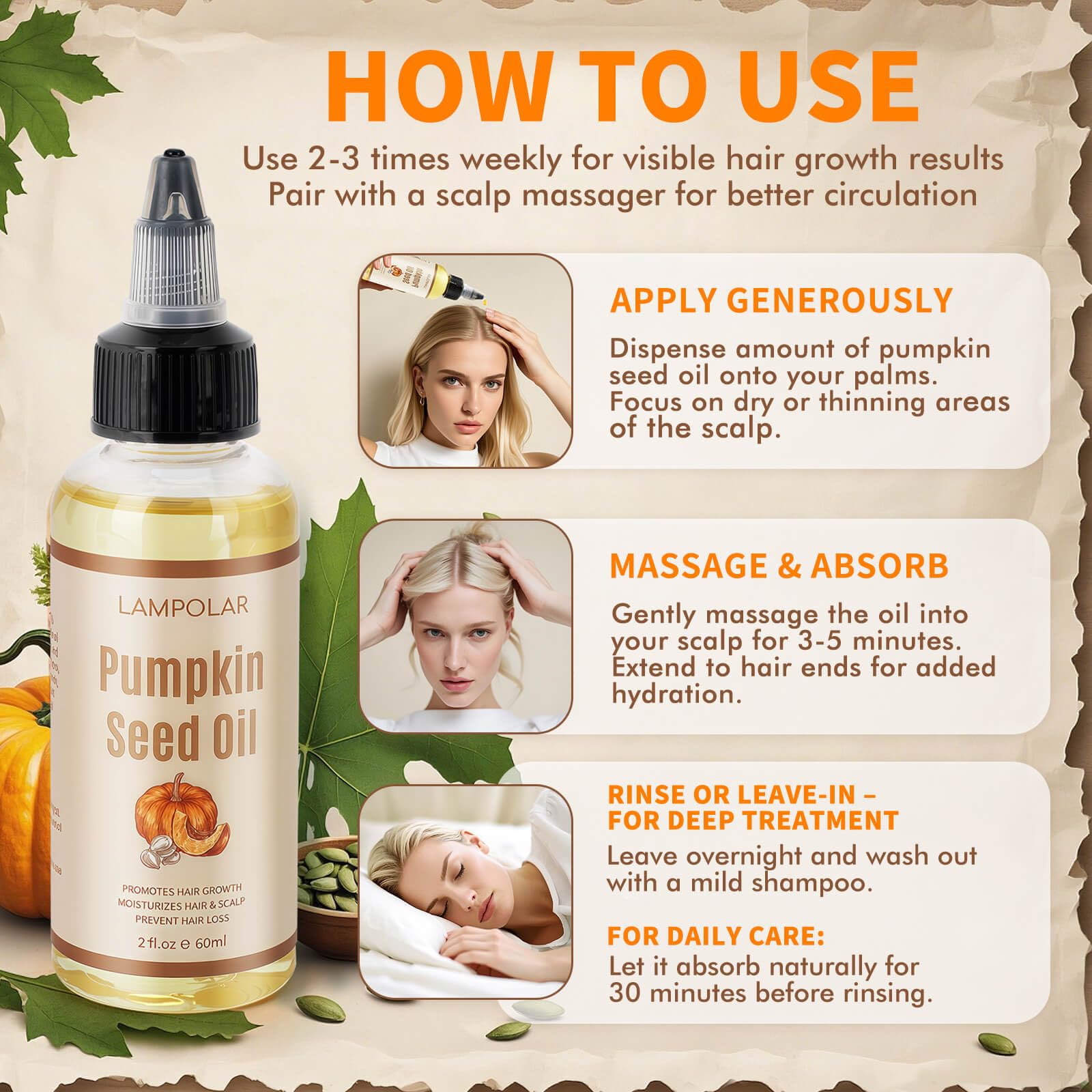 Lampolar Pumpkin Seed Oil bottle beside hair demonstrating manageability and glow.