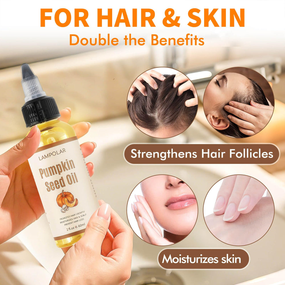 Lampolar Pumpkin Seed Oil packaging highlighting 100% pure, cold-pressed oil.
