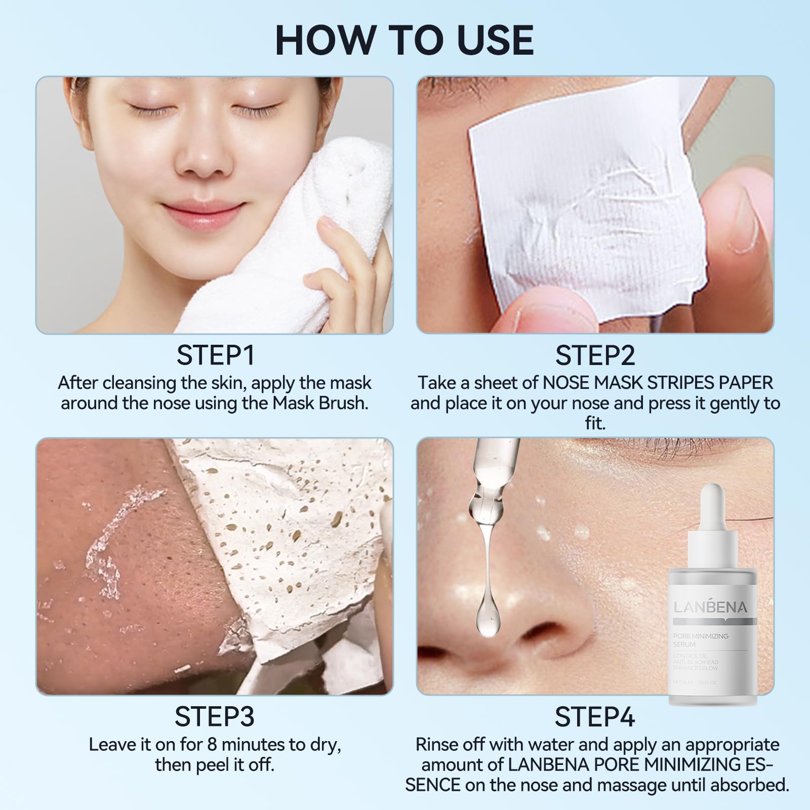 LANBENA strips absorb impurities and oil for a clearer nose area.