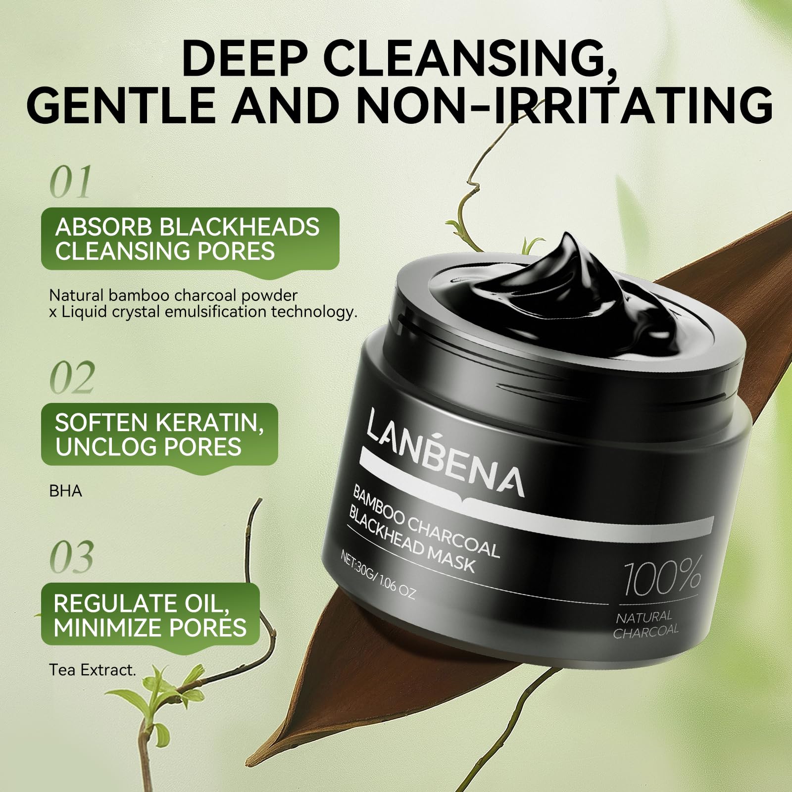LANBENA bamboo charcoal mask liquid texture close-up for strong cleansing.