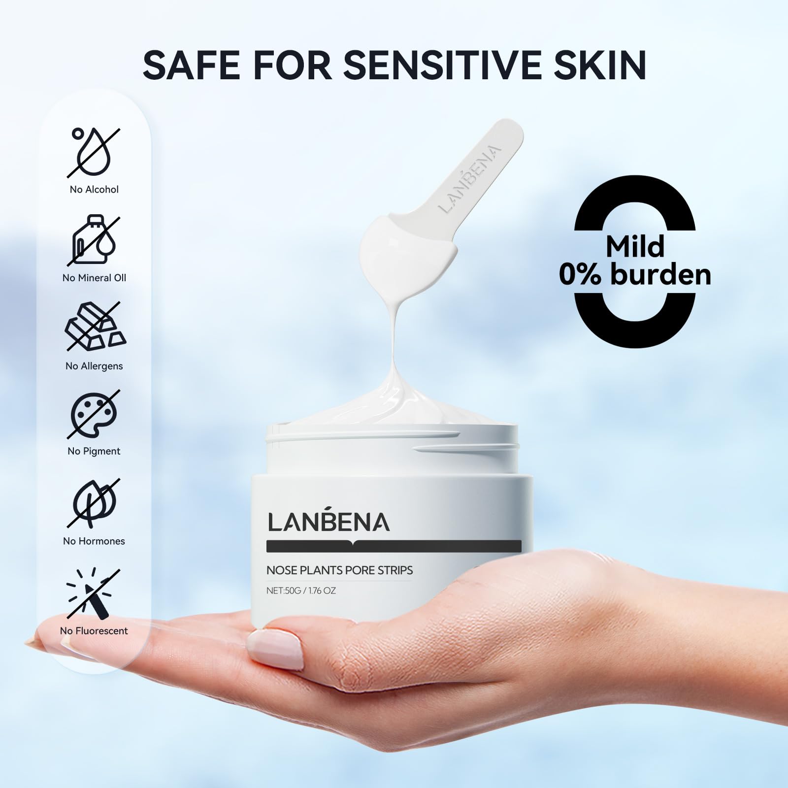 Close-up of pores being purified and smoothed with LANBENA strips.