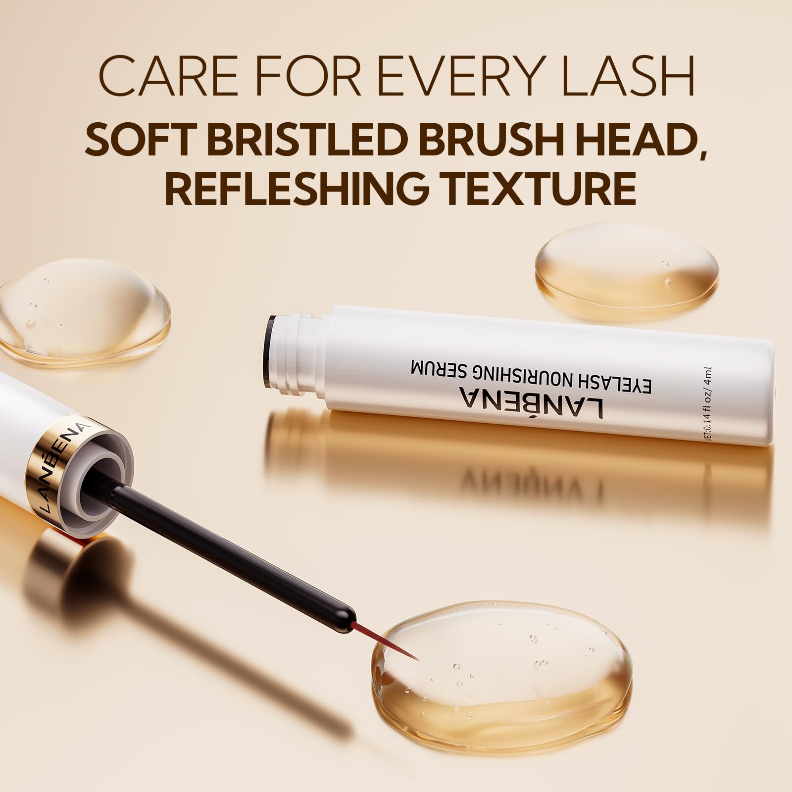 LANBENA eyelash serum on lashes showing subtle shine and natural fullness