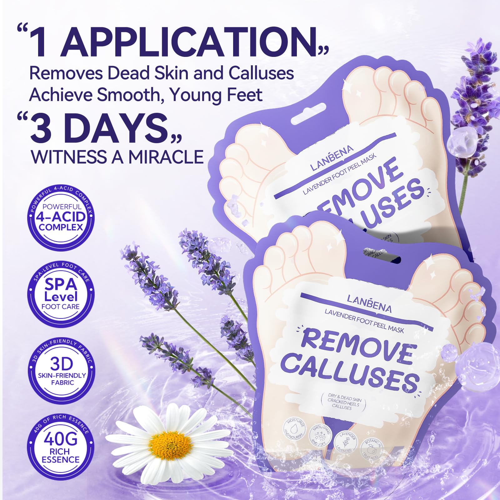 LANBENA Lavender Foot Peel Mask booties packed and ready to wear.