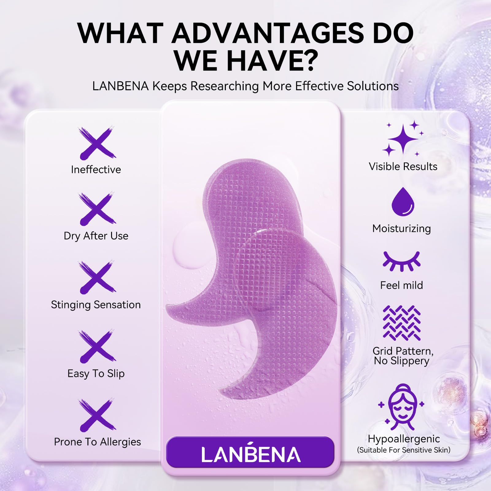 LANBENA patches worn under eyes during routine for puffiness support.