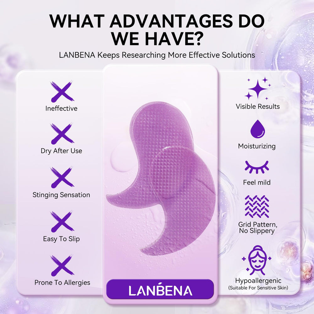 LANBENA patches worn under eyes during routine for puffiness support.