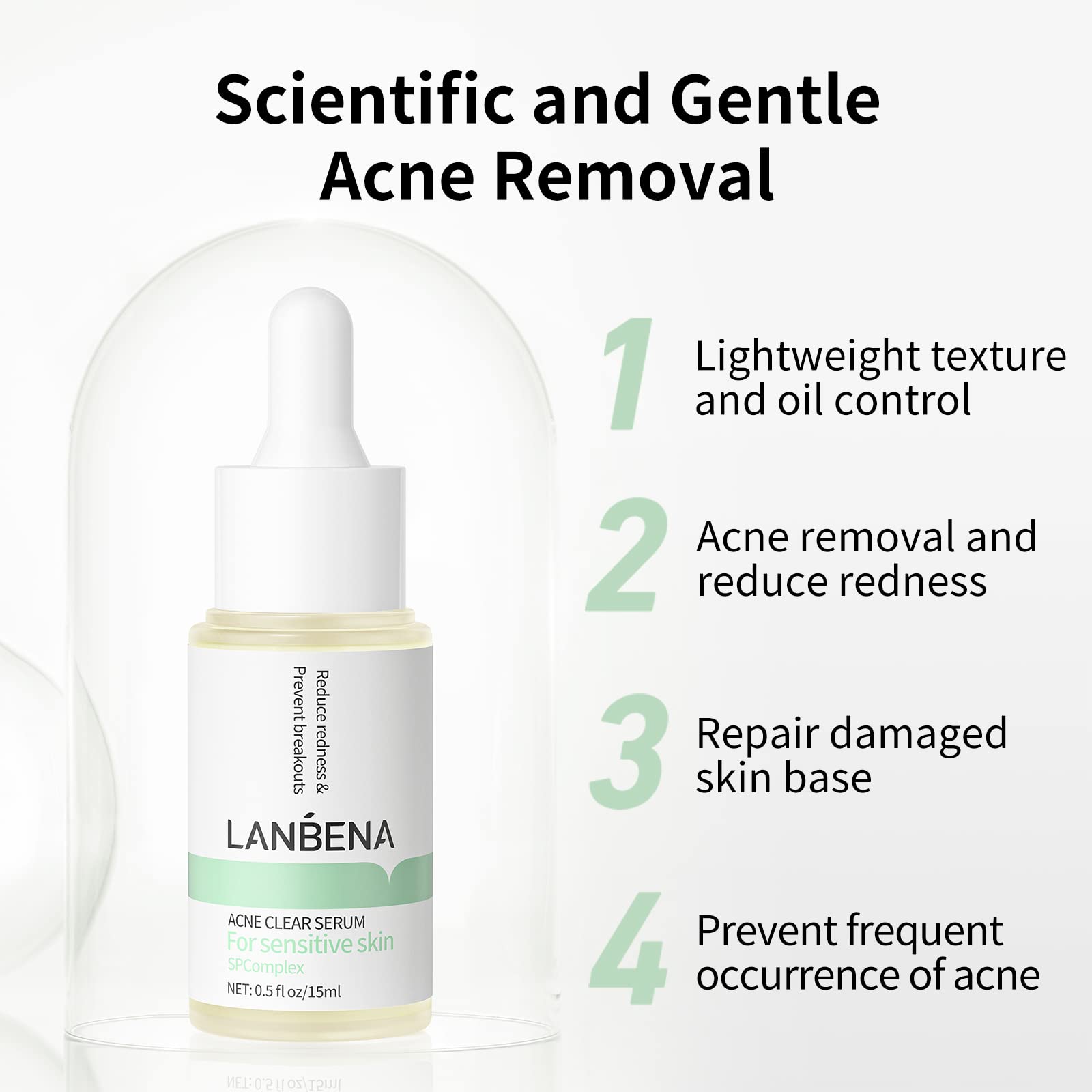 LANBENA serum packaging closeup highlighting vegan, gentle acne formula.