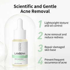 LANBENA serum packaging closeup highlighting vegan, gentle acne formula.