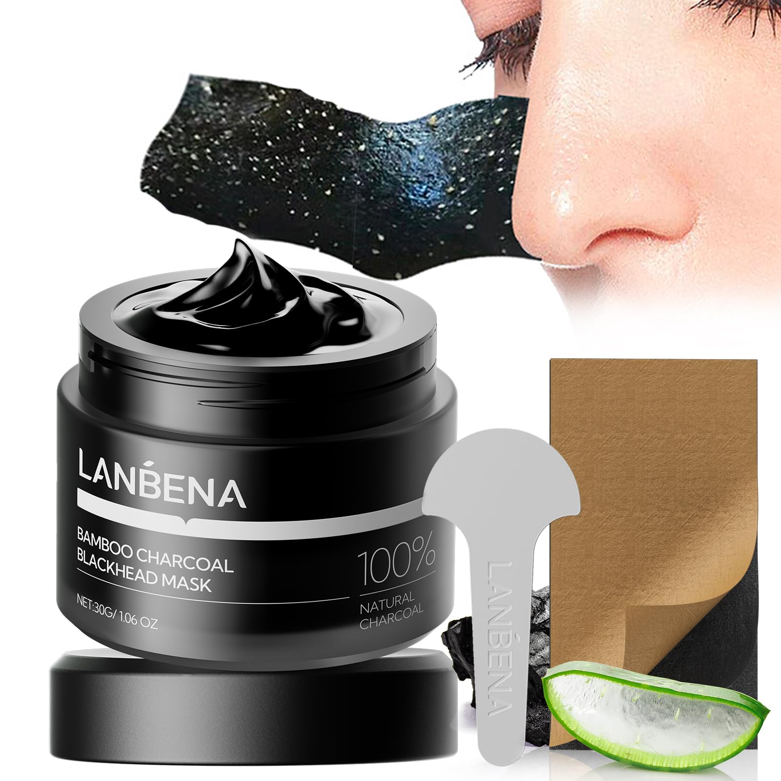 LANBENA Upgraded 2.0 bamboo charcoal nose mask packaging showing pore purification benefits