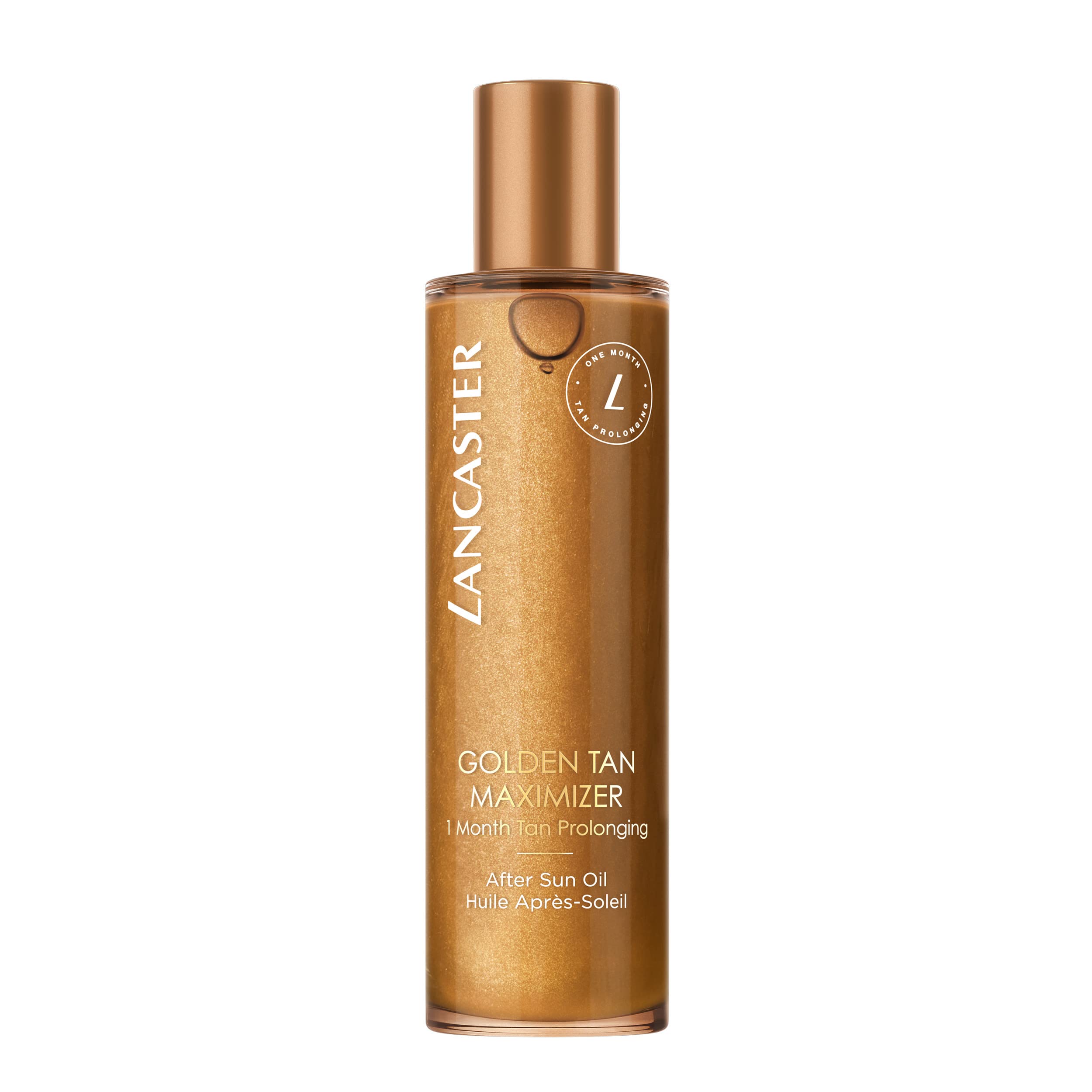 Lancaster Golden Tan Maximizer bottle close-up with bronze glow for longer sun-kissed skin.
