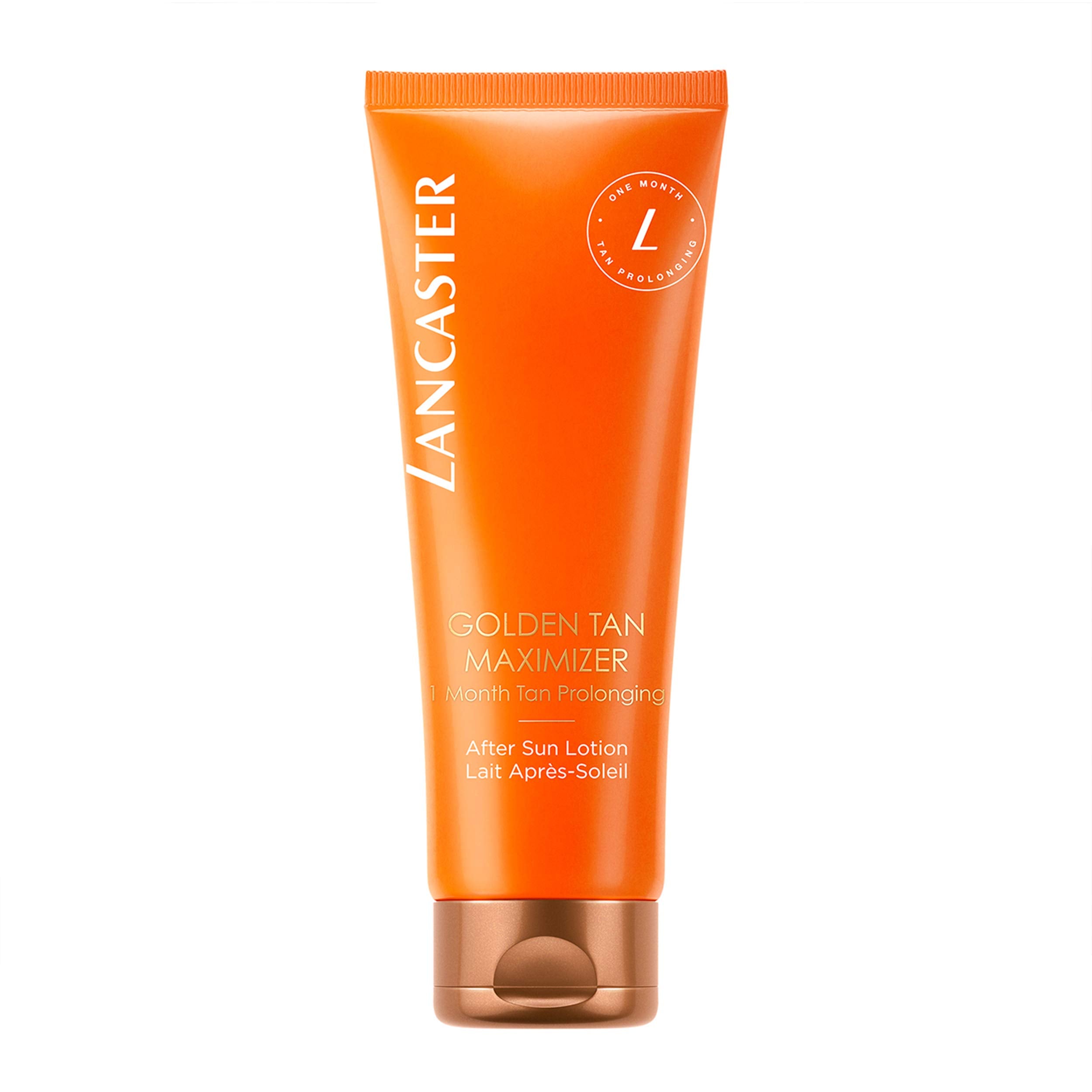 Lancaster Golden Tan Maximizer bottle demonstrates after sun care for radiant skin.