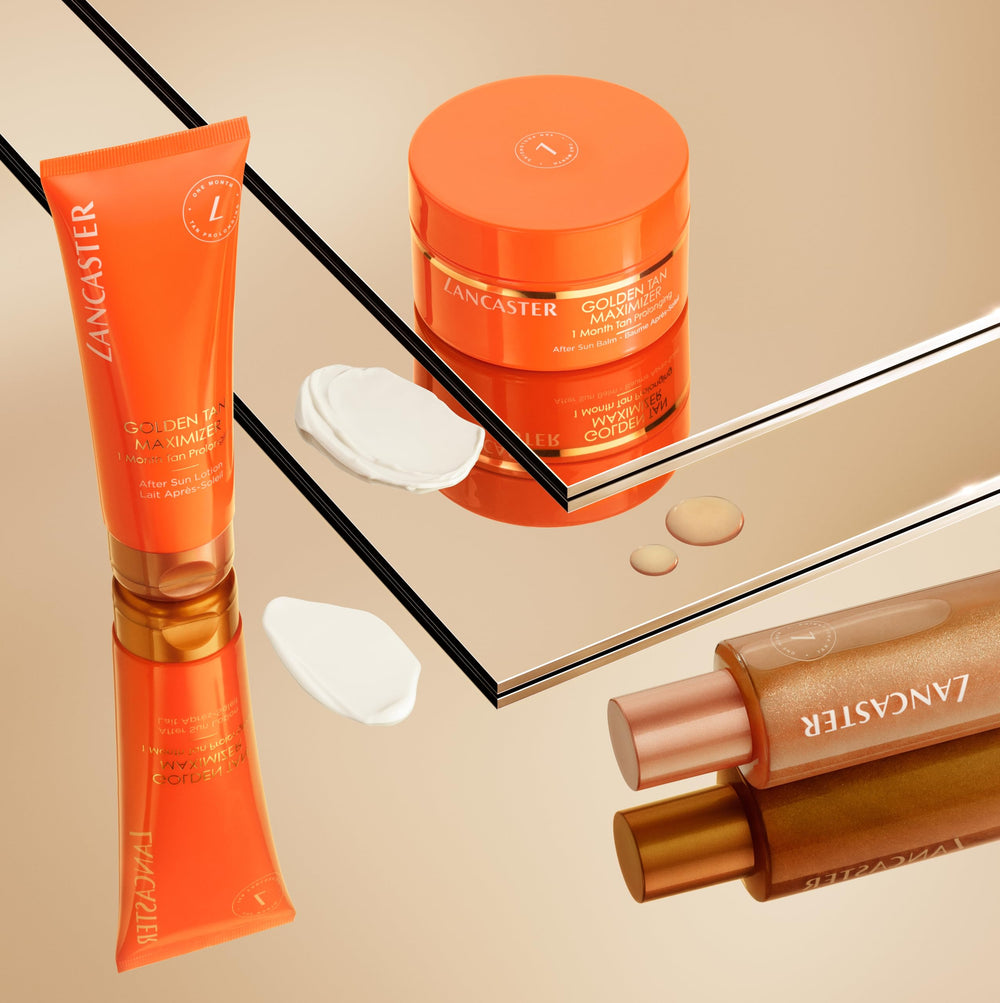 Lancaster after sun oil leaves a shimmering golden glow on skin.