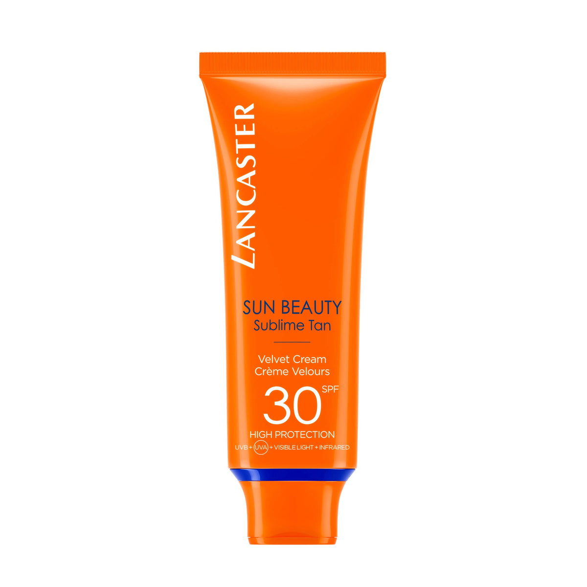 Lancaster Sun Beauty Velvet Touch Cream radiantly tan SPF 30 bottle showing smooth, even protection