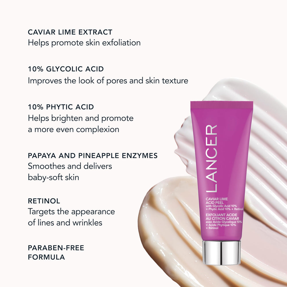 Lancer Caviar Lime Acid Peel application guide for a 10–15 minute treatment.