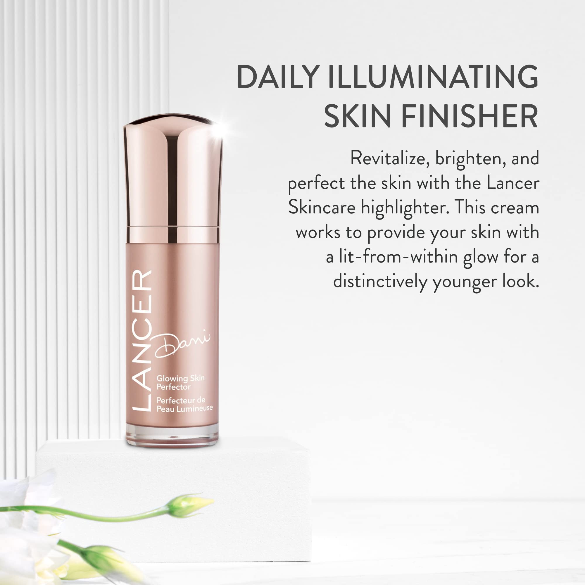 Lancer Dani Glowing Skin Perfector pump demonstrates easy one-hand application.