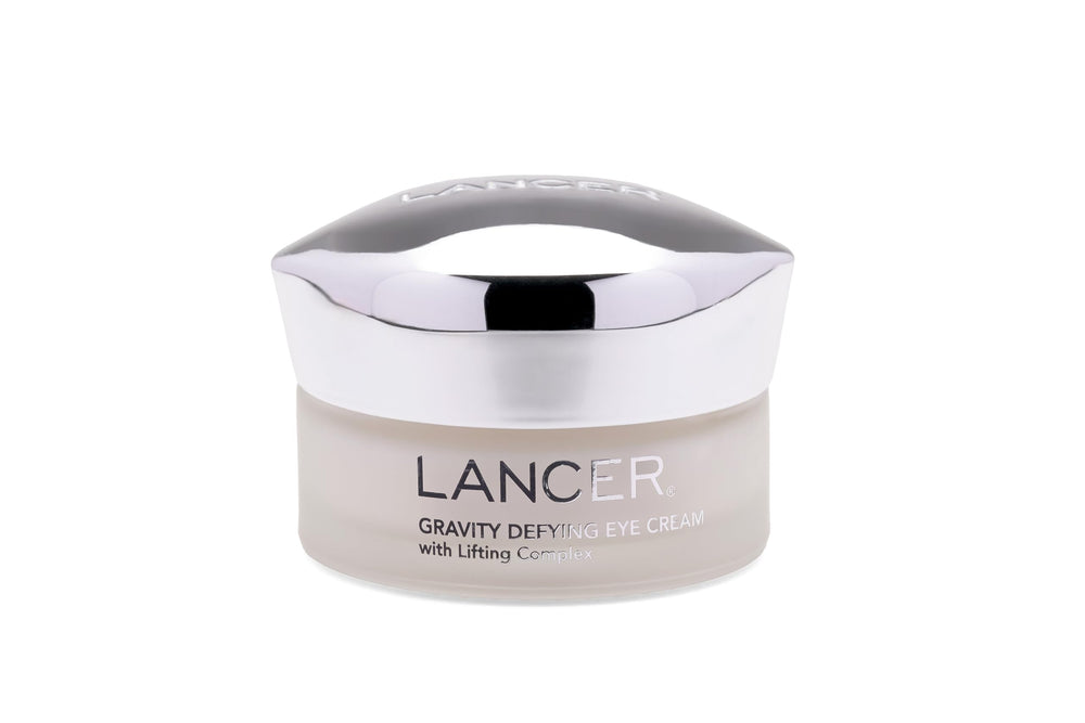 Lancer Gravity Defying Eye Cream bottle highlighting hydrating formula for a refreshed look