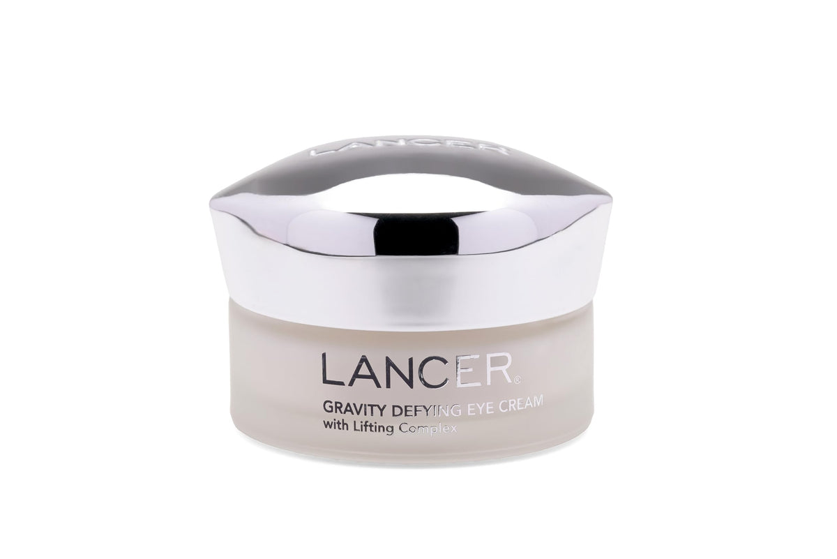 Lancer Gravity Defying Eye Cream bottle highlighting hydrating formula for a refreshed look