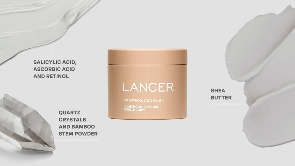 Lancer Body Polish ingredients showcase with Kigelia fruit and marula oil.