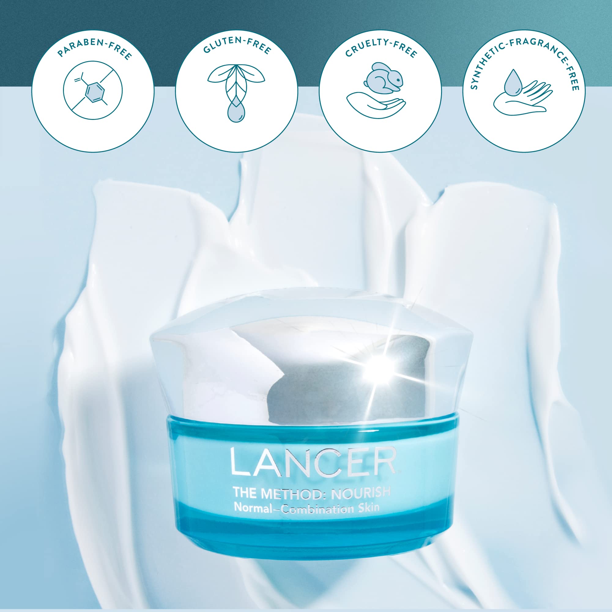 Lancer Nourish massaged onto face and neck for hydration.