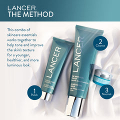 Lancer The Method Cleanse close-up ingredients featuring rice-silk proteins and aloe.