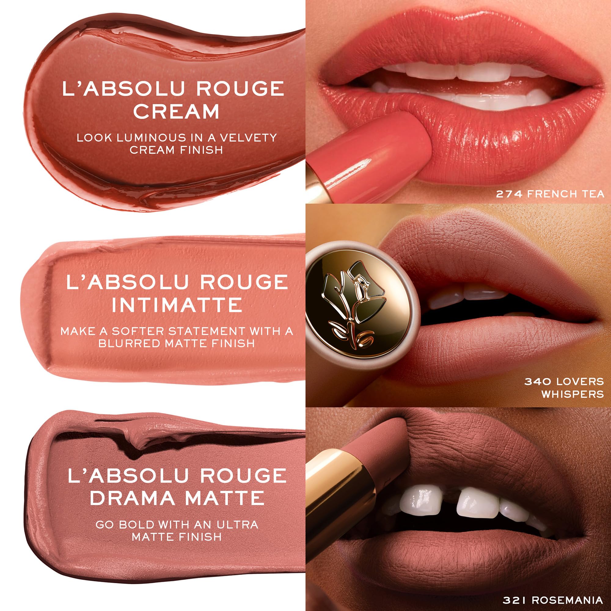 Lancôme Absolu Drama Matte formula with rose extracts for gentle hydration.