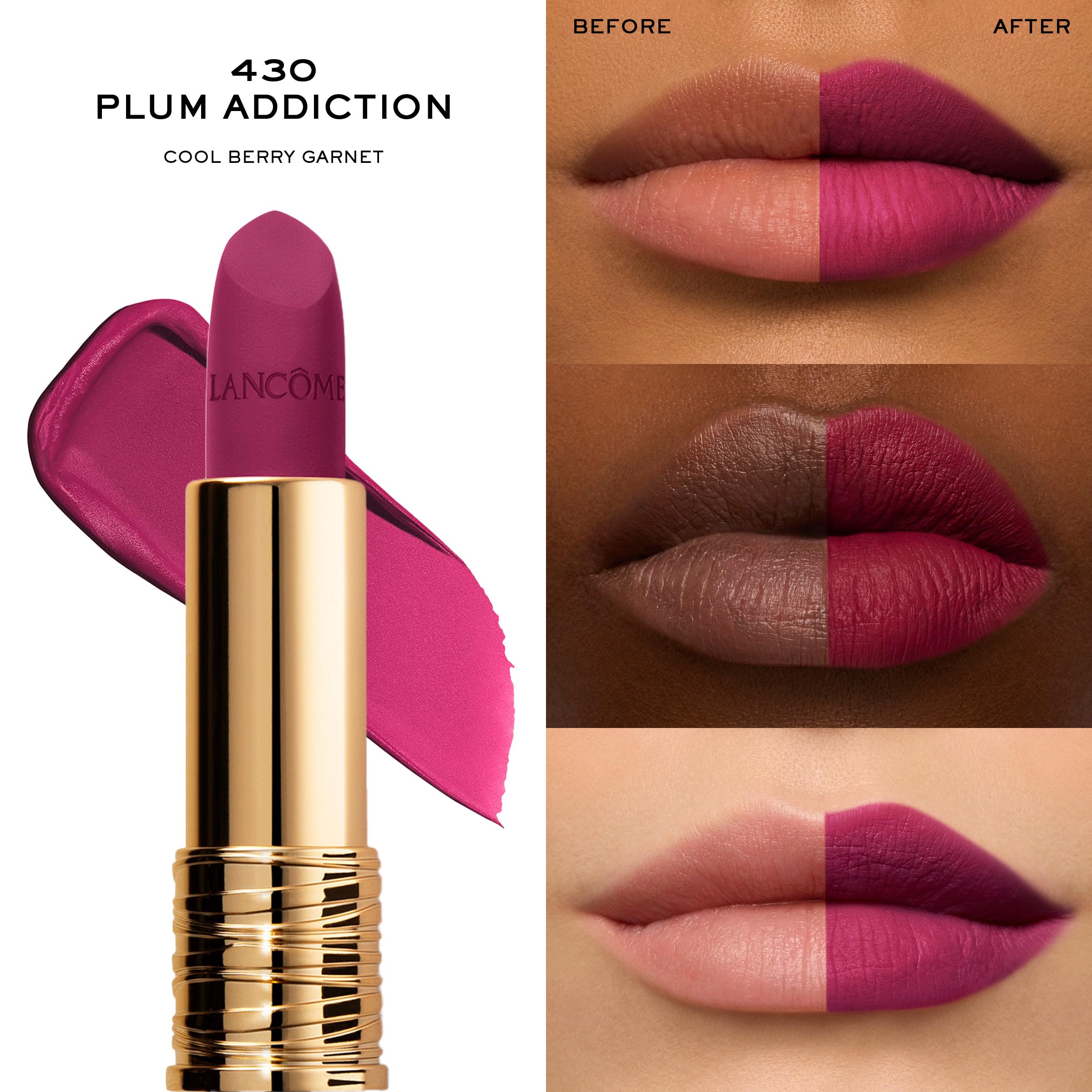 Lancôme L’Absolu Rouge Drama Matte worn by model for a velvety matte look.