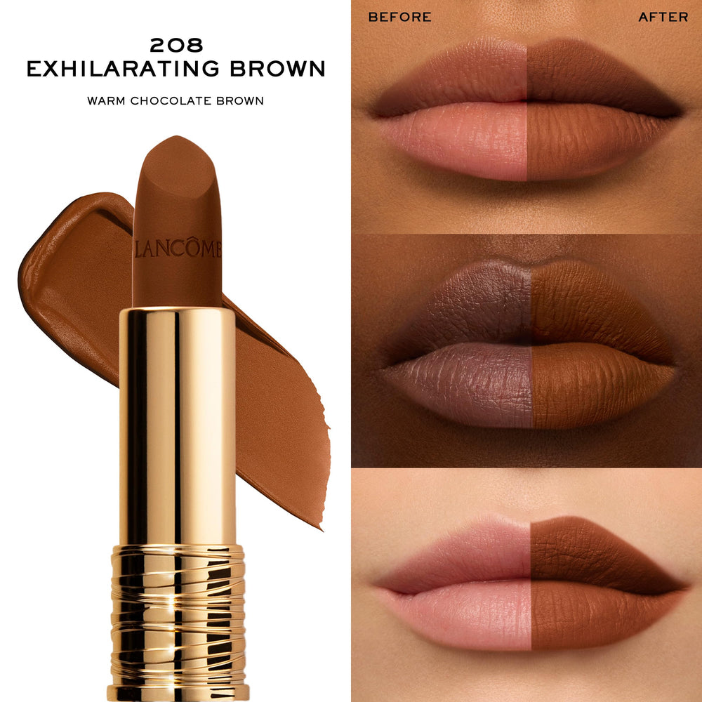 Lancôme L’Absolu Rouge Drama Matte lips swatch shows rich pigment.