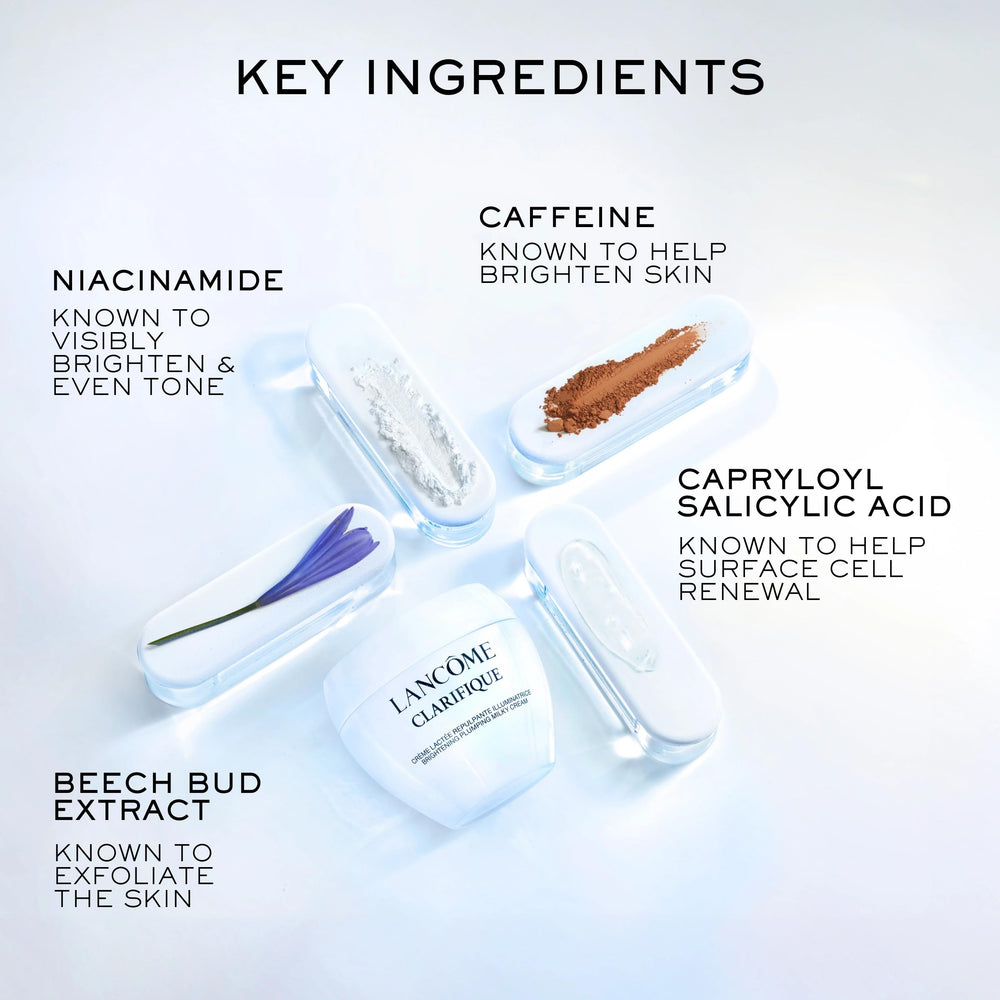 Lancôme Clarifique Milky Cream ingredient panel highlighting Niacinamide for brightening.
