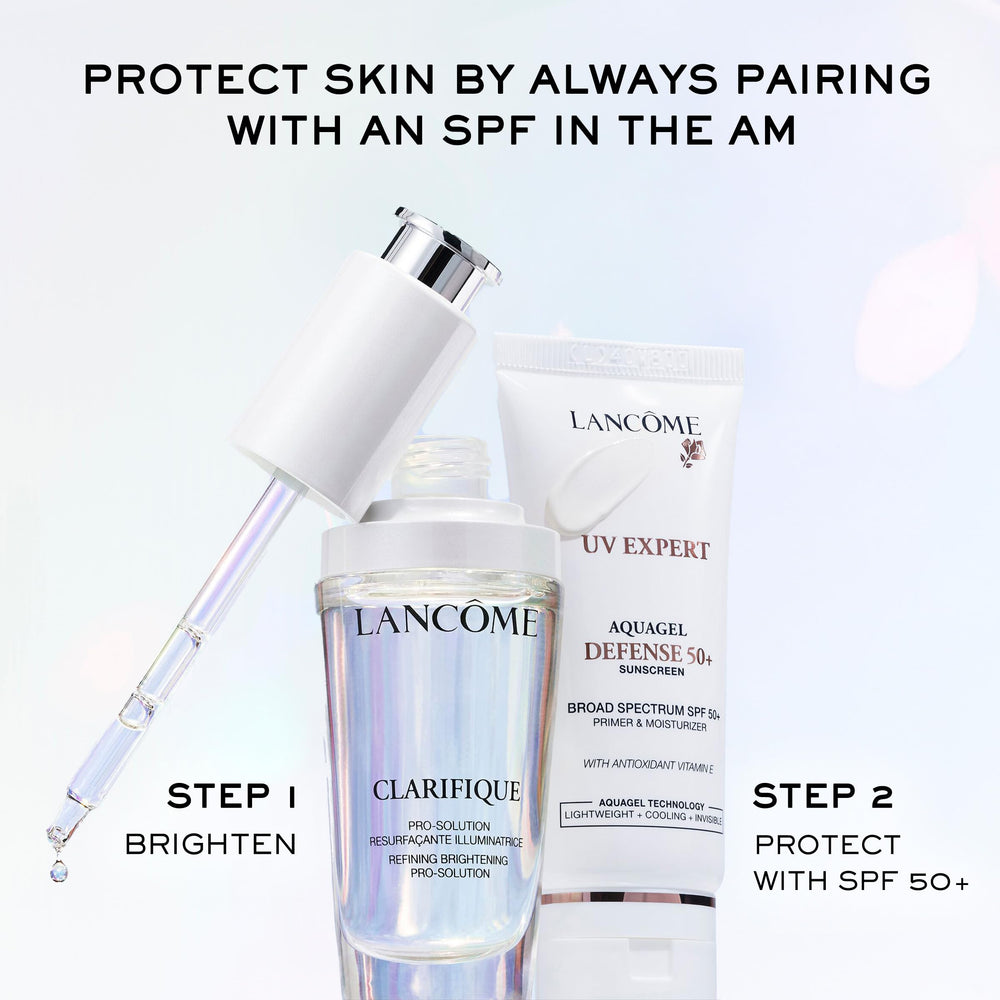 Lanc46me Clarifique packaging box displays premium serum with clear benefits.