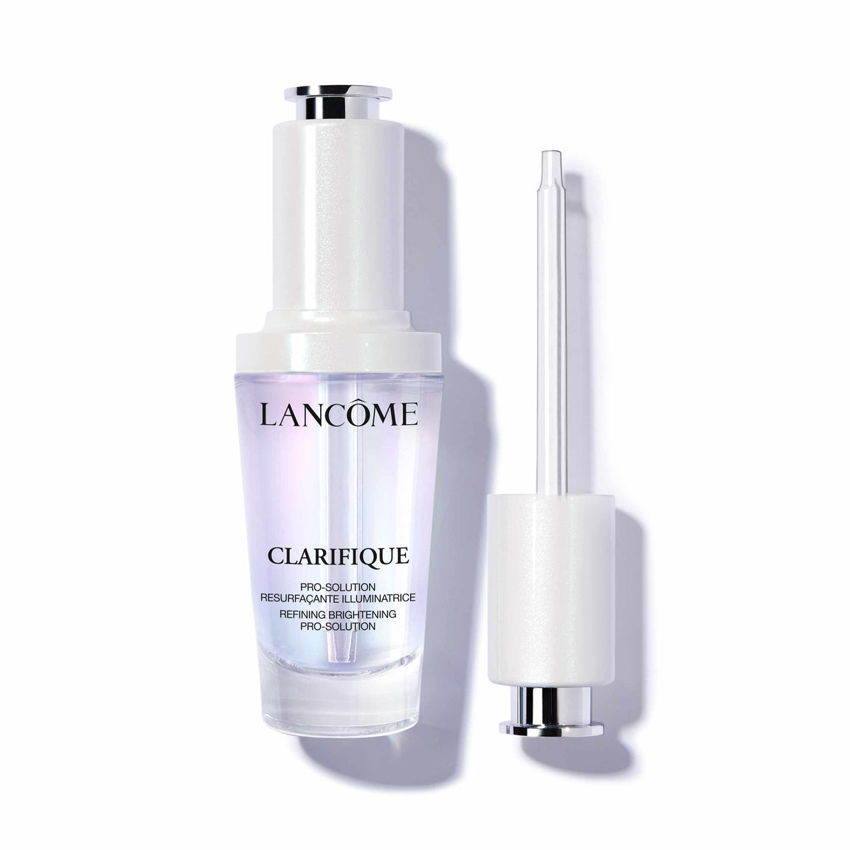 Lancôme Clarifique Pro-Solution serum bottle on a clean vanity for daily brightening.