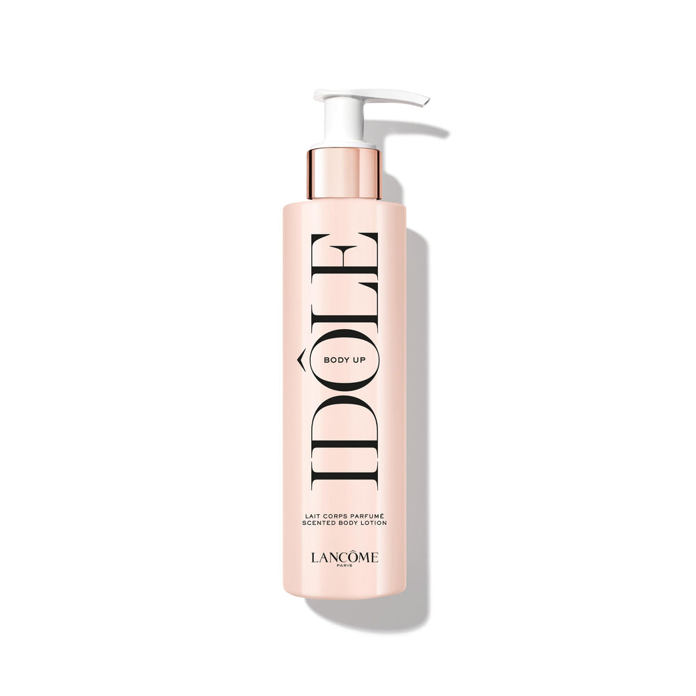 Lancôme Idôle Body Up bottle close-up showing lightweight hydration for smooth skin.