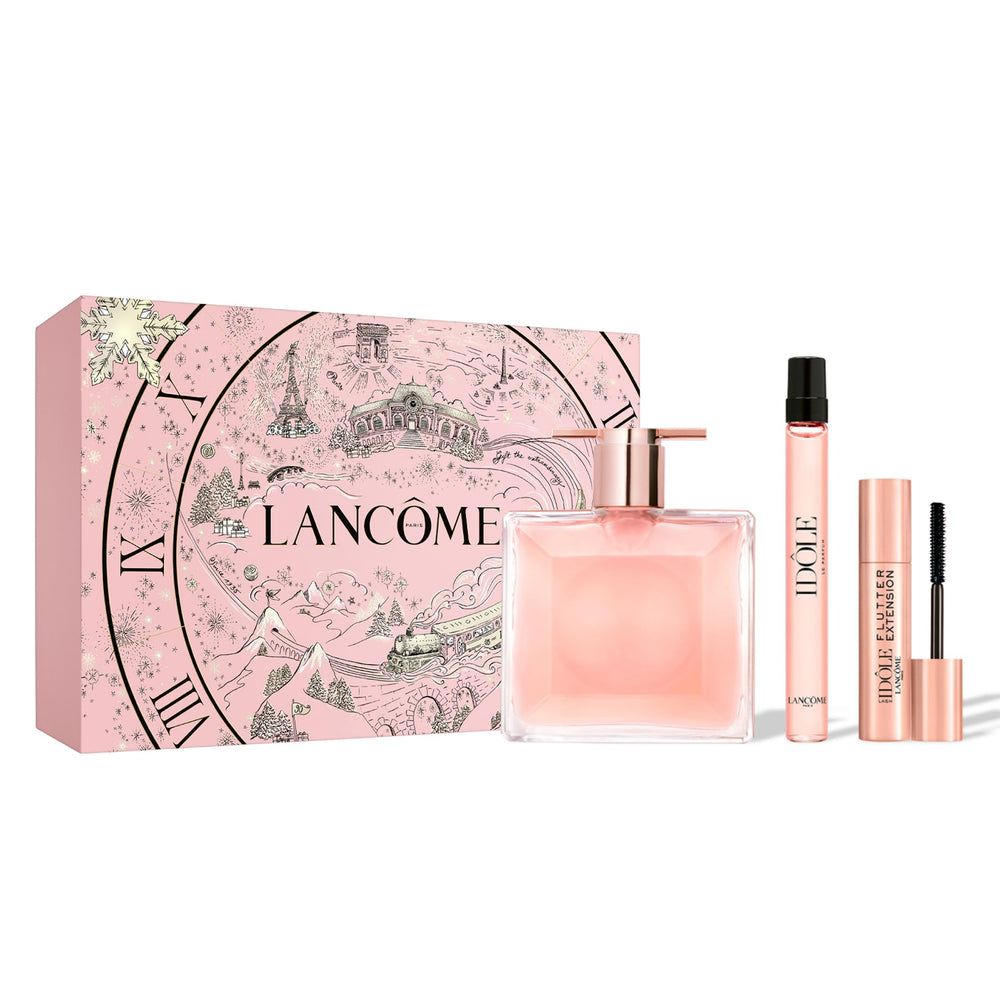 Lancôme Idôle bottle close-up, 0.85 oz, elegant fragrance silhouette.