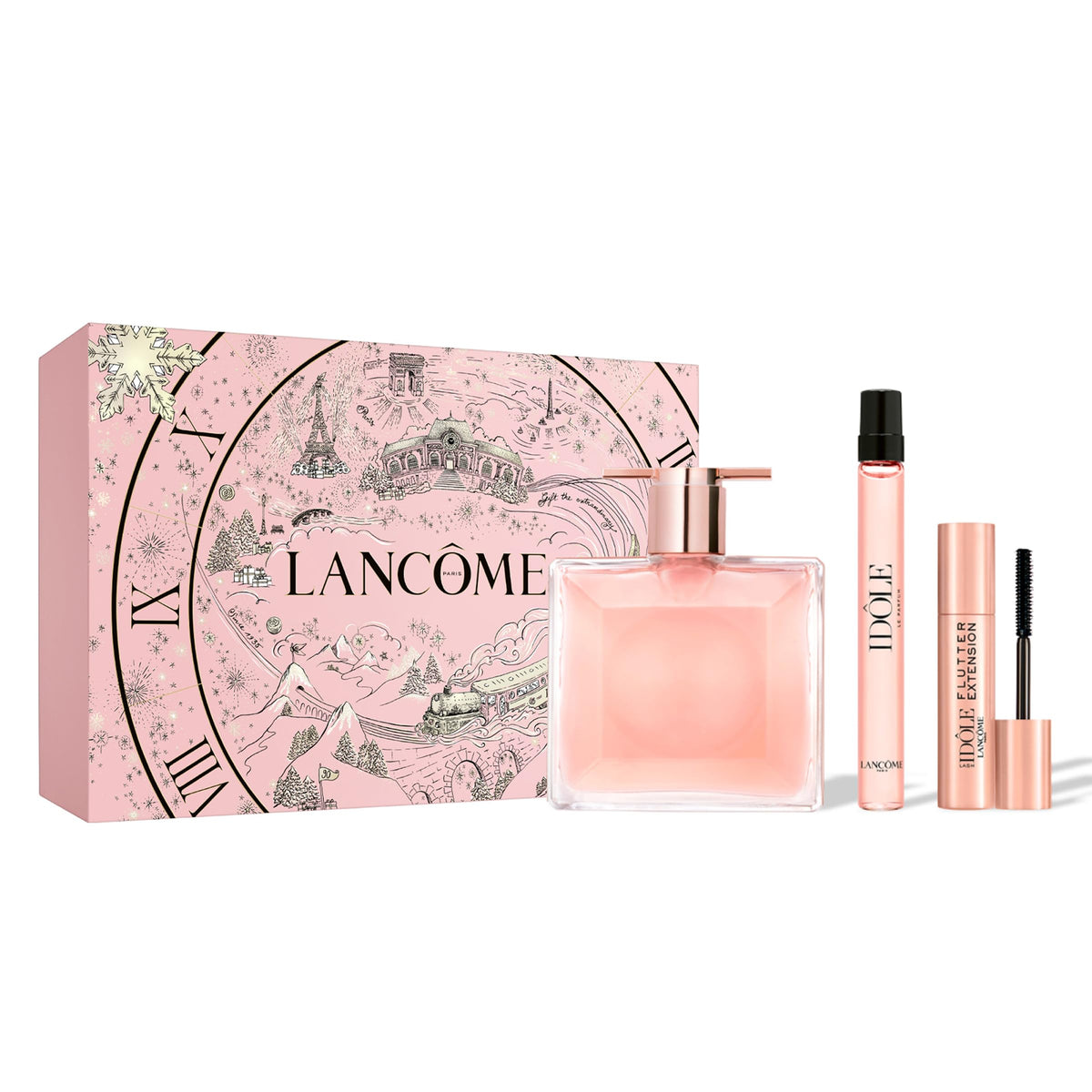 Lancôme Idôle bottle close-up, 0.85 oz, elegant fragrance silhouette.