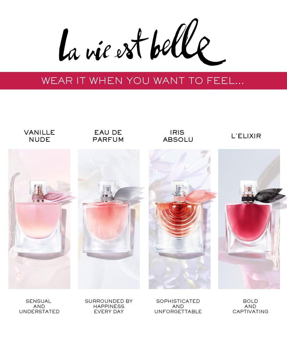 Lancome La Vie Est Belle Vanille Nude glass texture reflecting light on bottle.
