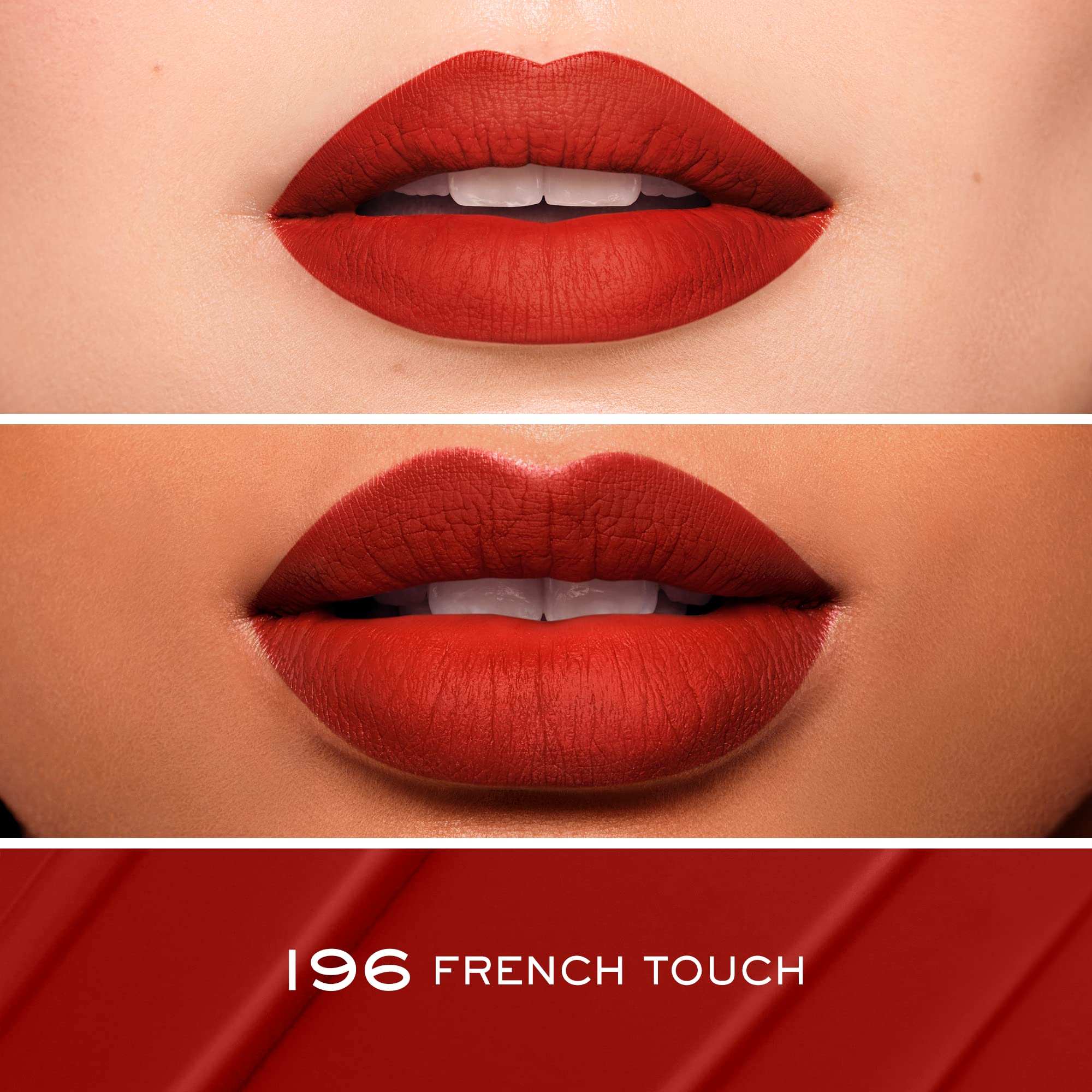 Lancôme L'Absolu Rouge Drama Ink swatch on arm shows rich pigment.