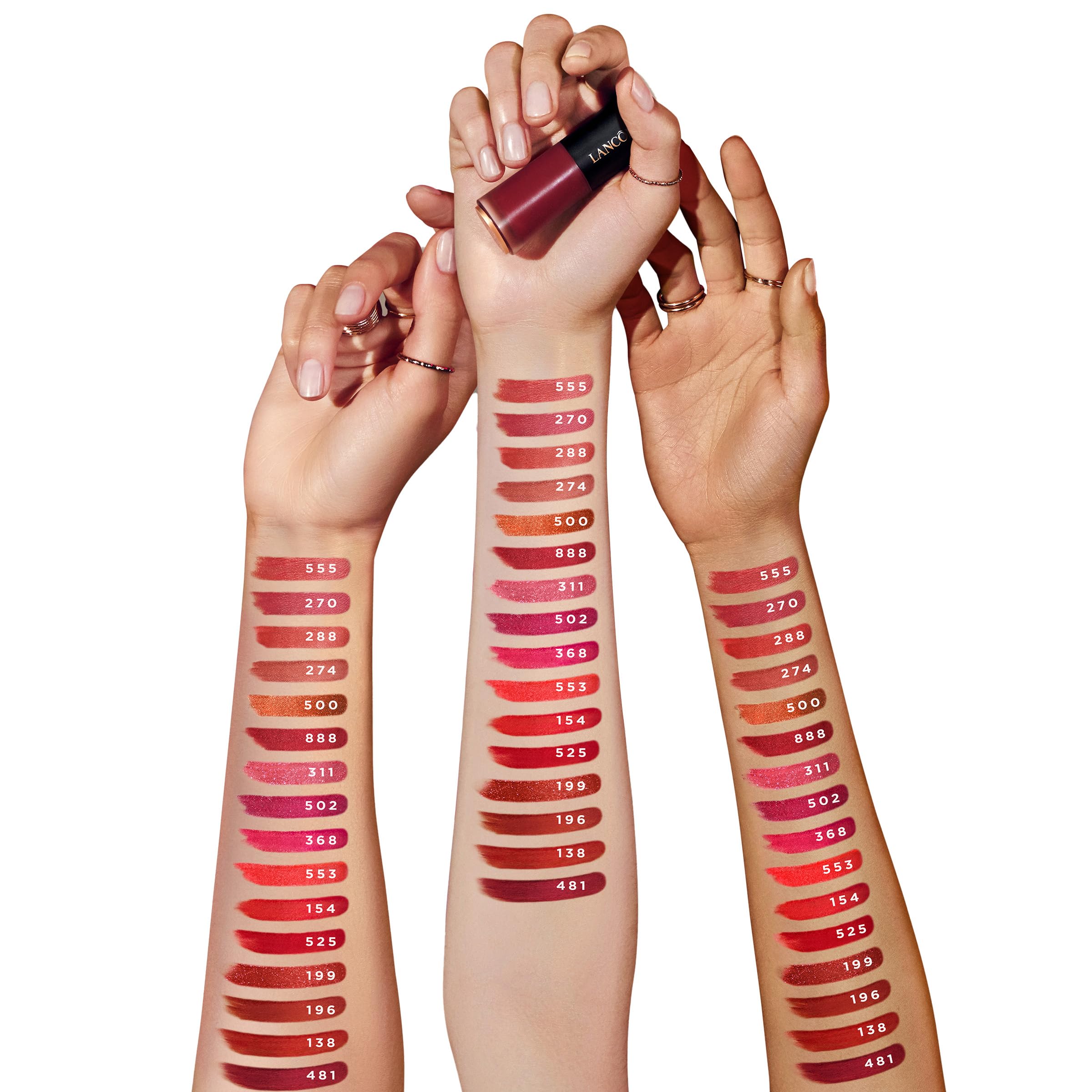 Lancôme L'Absolu Rouge Drama Ink on lips with semi-matte finish.