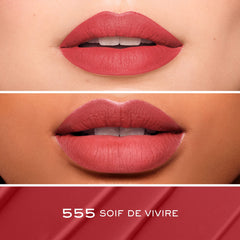 Lancôme L'Absolu Rouge Drama Ink swatch on arm reveals intense color payoff.
