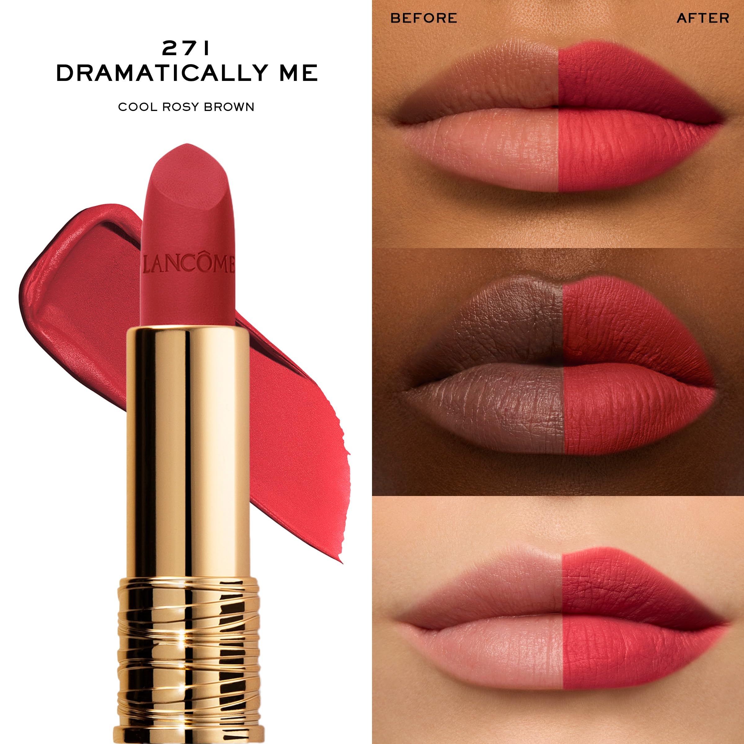 Lancôme L Absolu Rouge Drama Matte bullet applying color with petal shape for precise coverage.