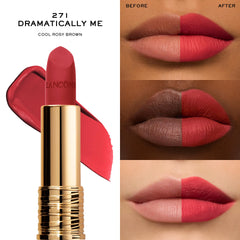 Lancôme L Absolu Rouge Drama Matte bullet applying color with petal shape for precise coverage.