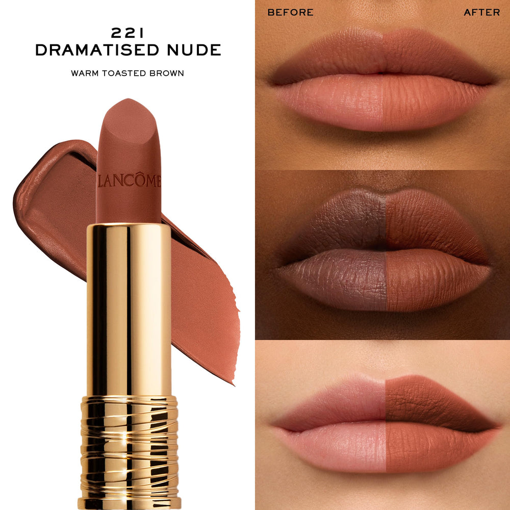 Close-up of Lancôme Drama Matte lips showing smooth powdery matte texture.