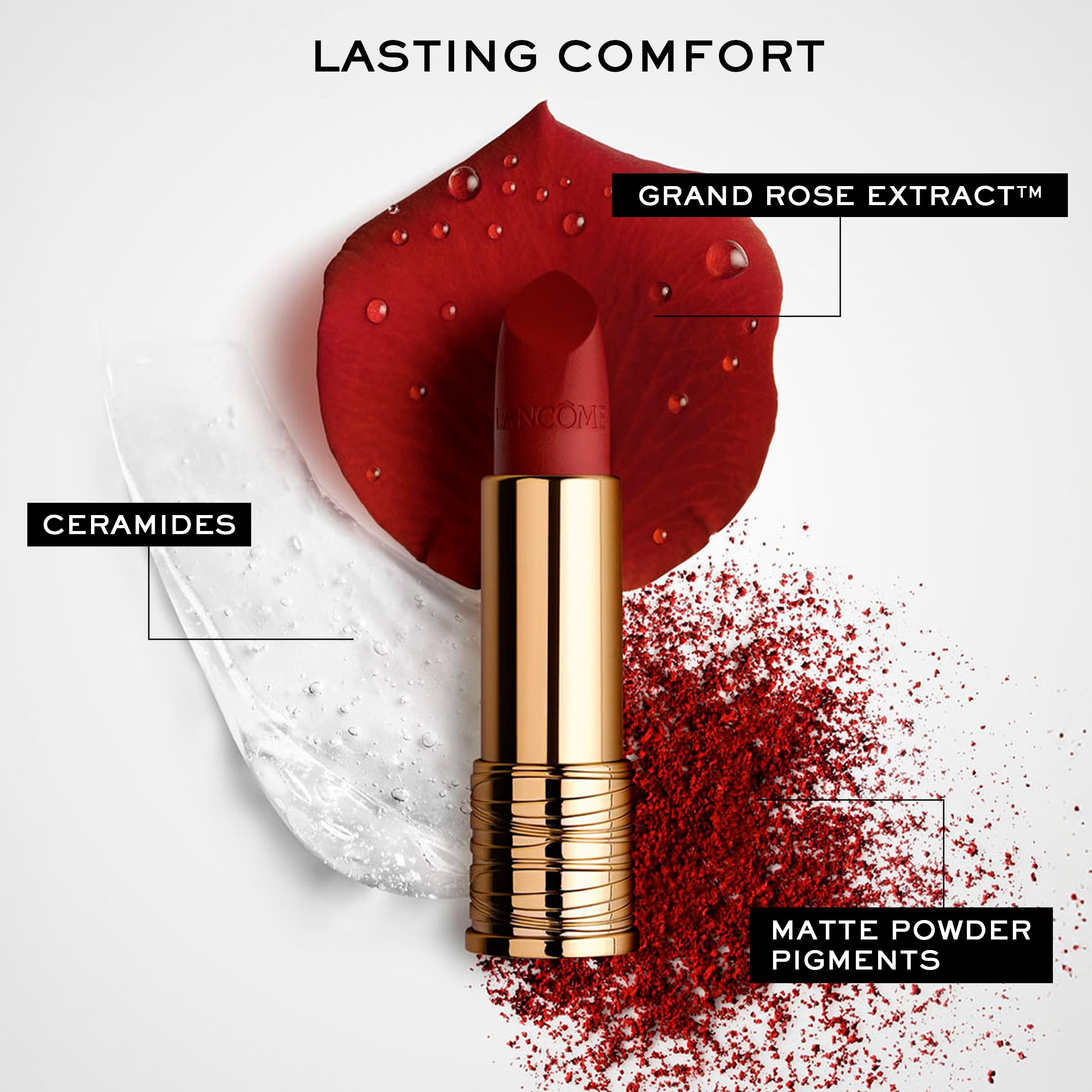 Lancôme formula hydrates lips with ceramides and hyaluronic acid for lasting comfort.