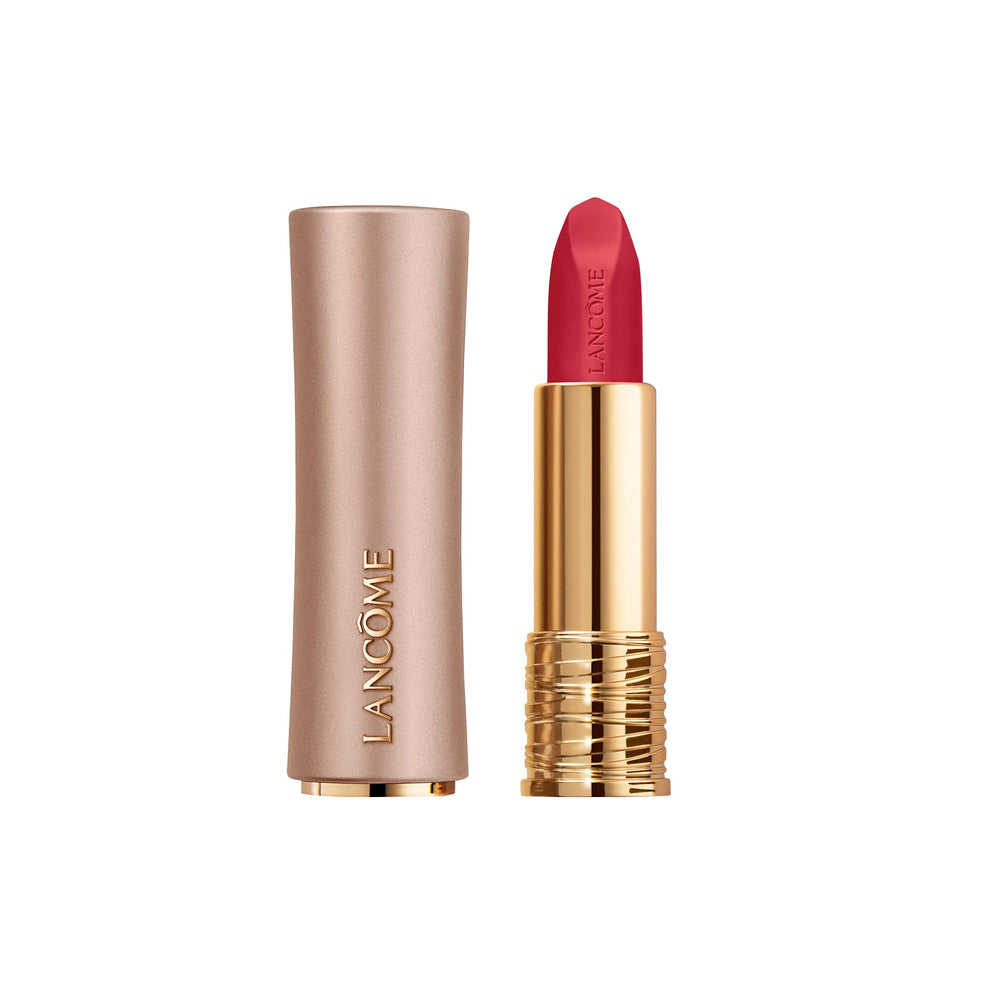 Lancôme L'Absolu Rouge Intimatte bullet close-up shows precise application and color payoff.