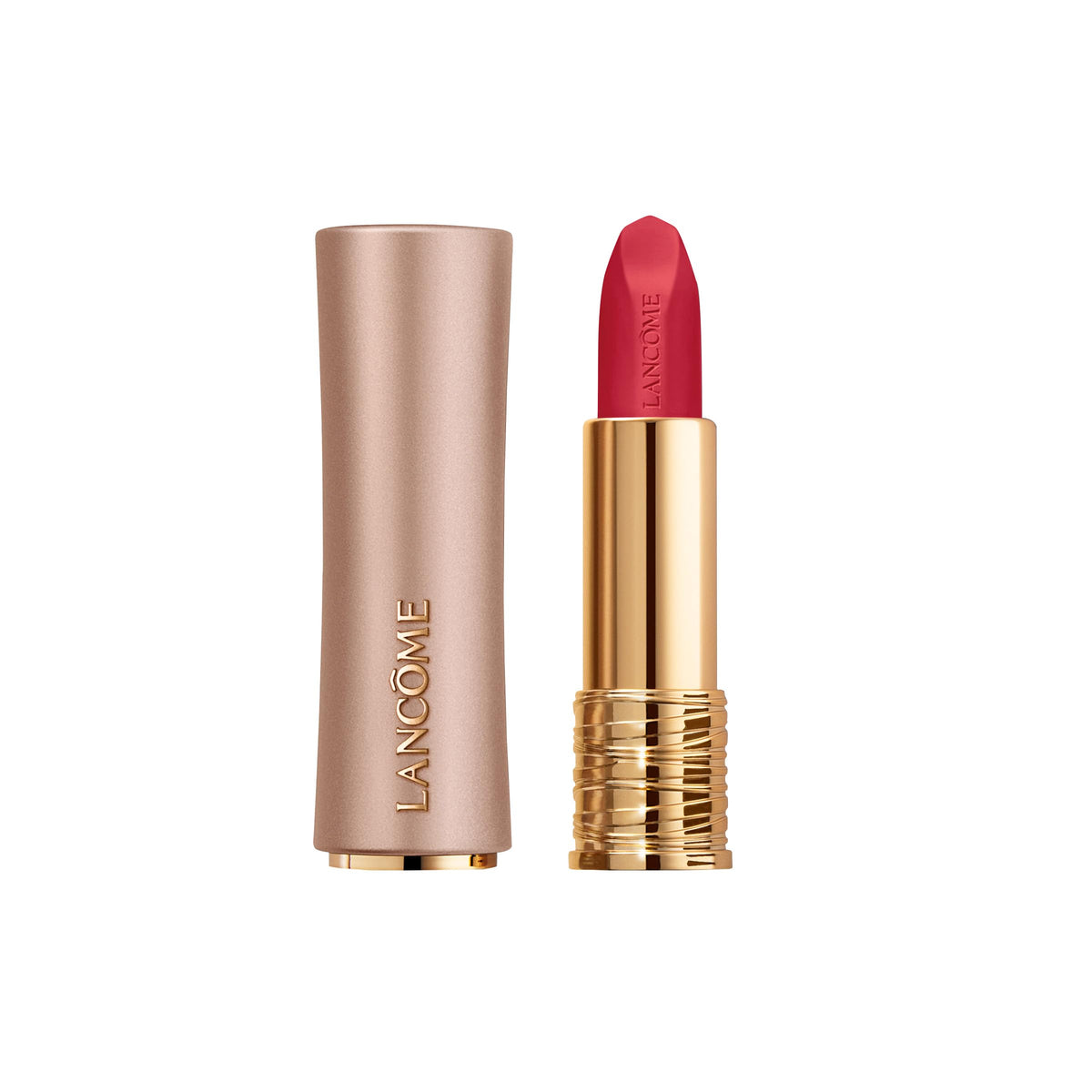 Lancôme L'Absolu Rouge Intimatte bullet close-up shows precise application and color payoff.