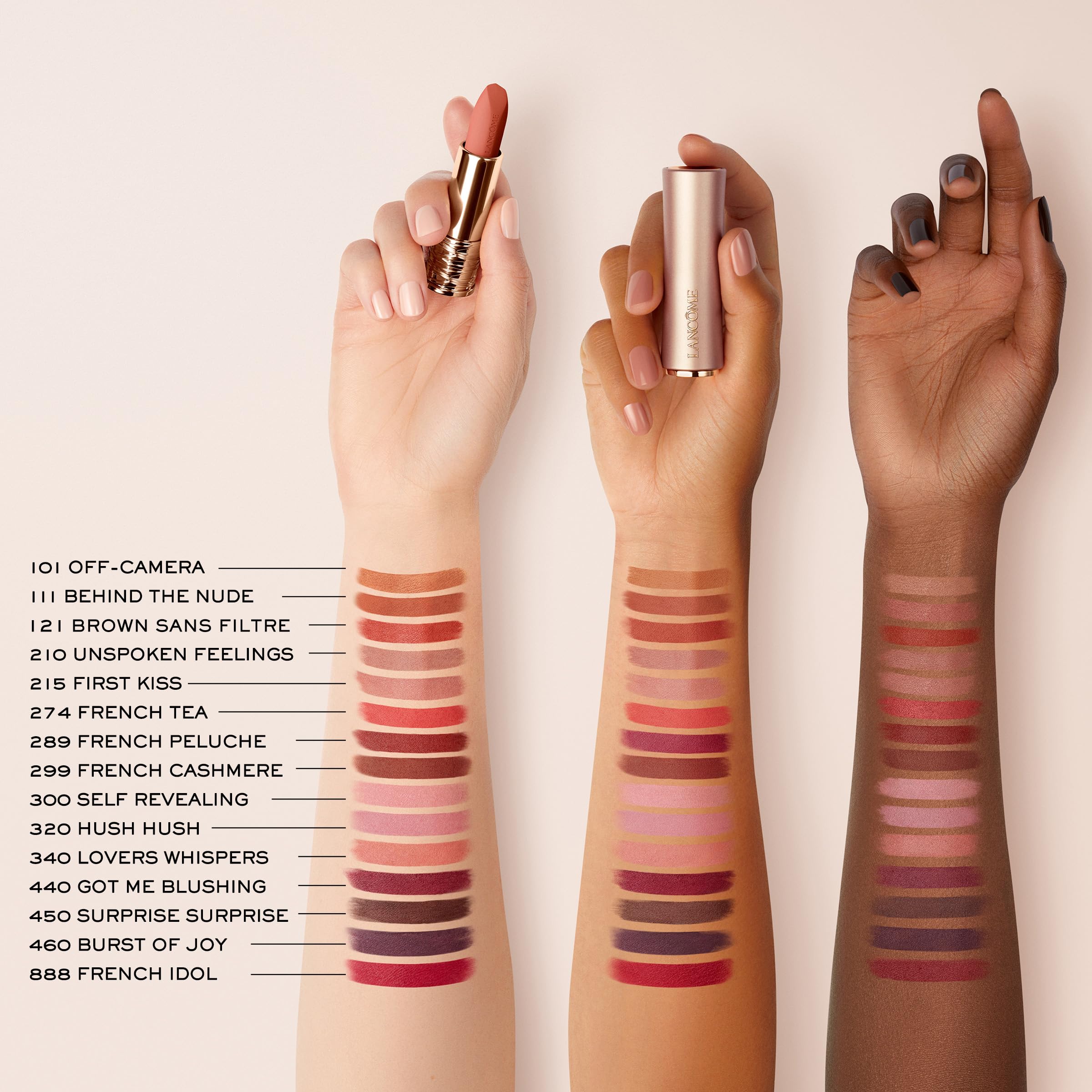 Lancôme L'Absolu Rouge Intimatte Lovers Whispers swatch shows nude tone versatility