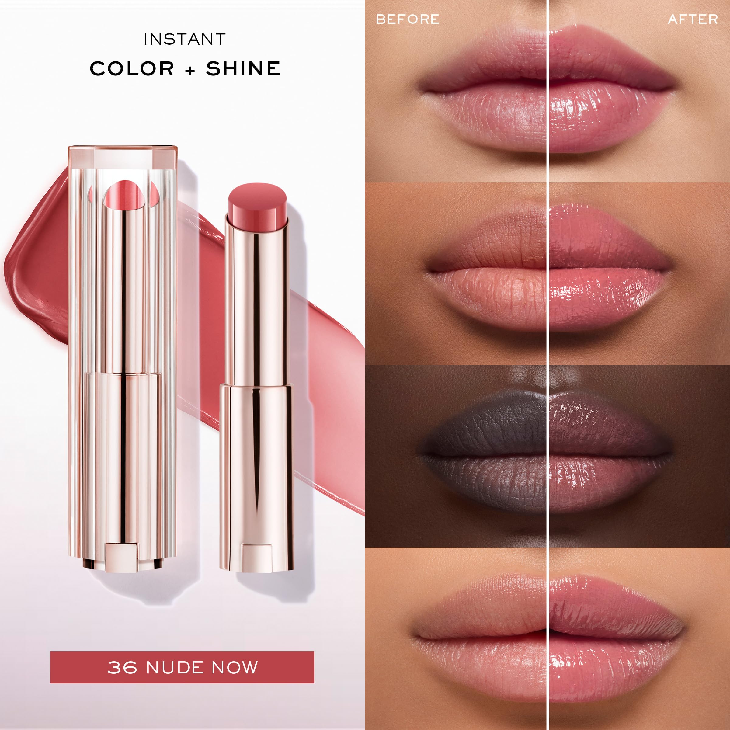 Lancôme Lip Idôle Squalane-12 Butterglow shine close-up highlights instant luminosity on lips.