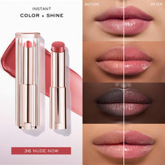 Lancôme Lip Idôle Squalane-12 Butterglow shine close-up highlights instant luminosity on lips.
