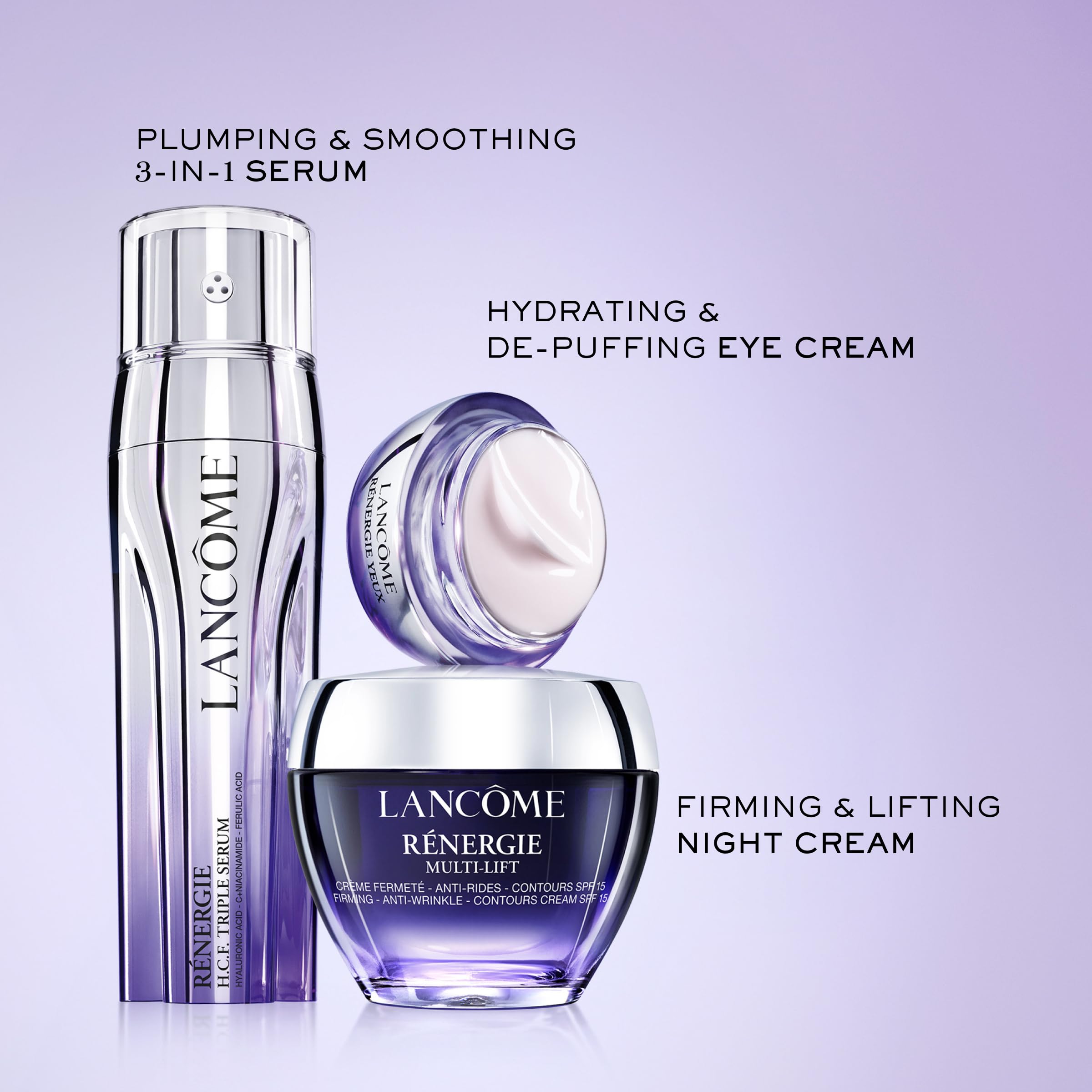 Cream swirl on fingertip of Lancôme Rénergie Lift Night Cream showing smooth application.