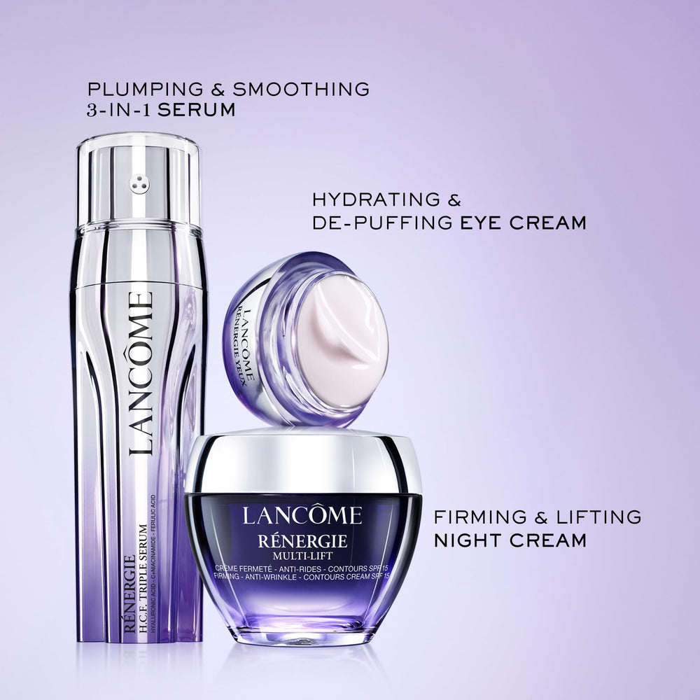 Cream swirl on fingertip of Lancôme Rénergie Lift Night Cream showing smooth application.
