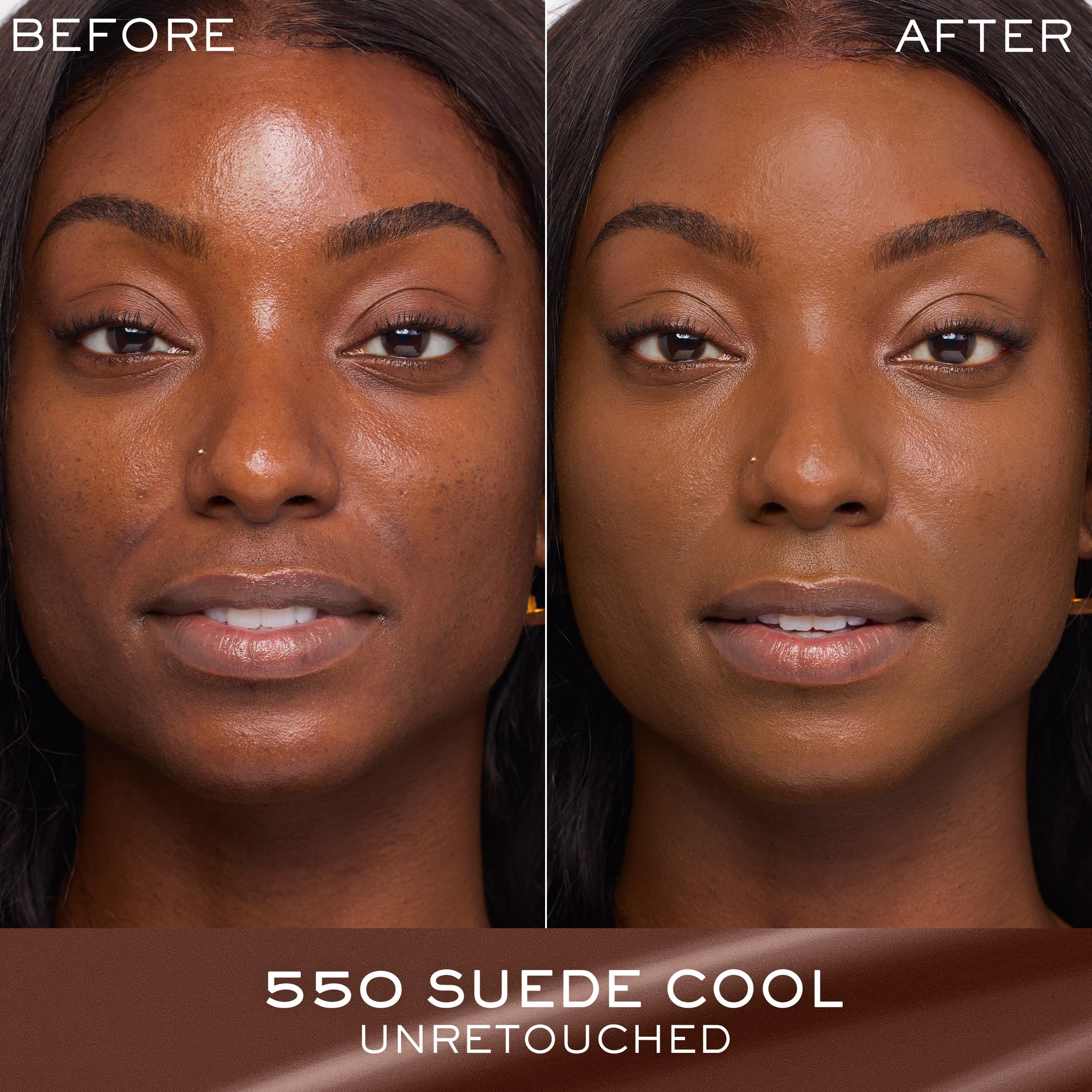 Lancôme Renergie Lift Foundation swatch shows medium-to-full coverage for even skin tone.