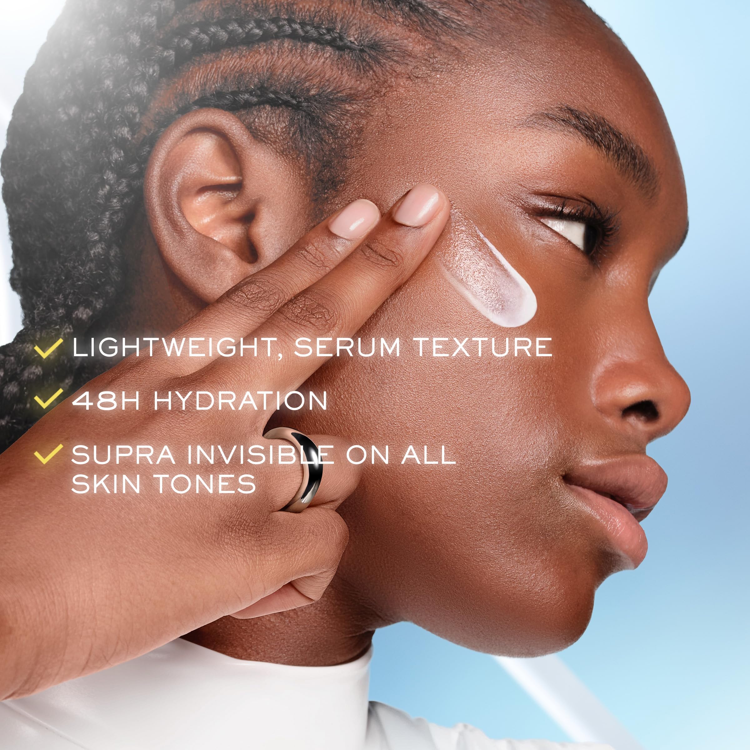 Lancôme Supra Screen shows no white cast on skin.